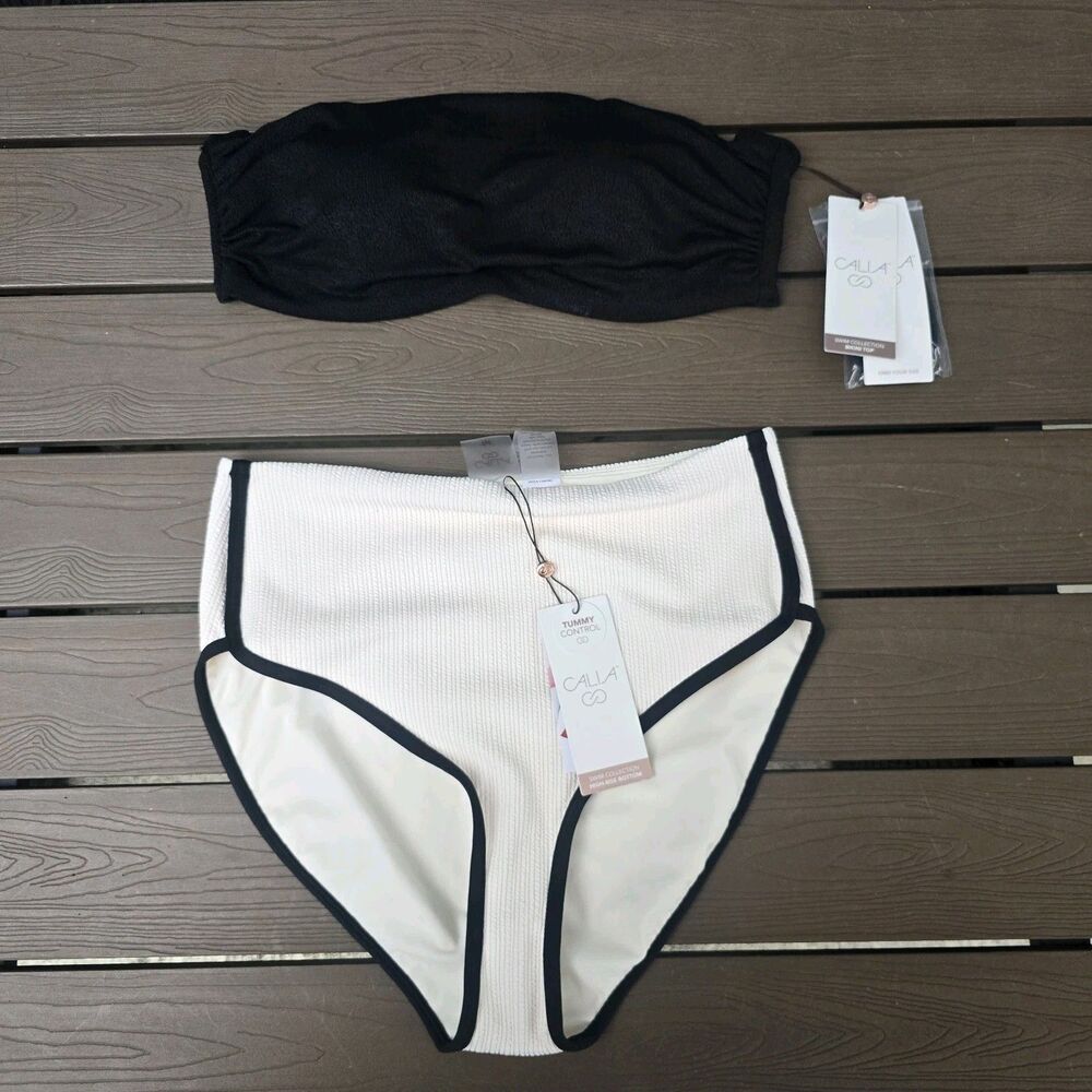 CALIA Women Pure Black Textured Bandeau & High Rise Tipped Bikini Sz M New